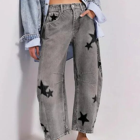 Night Sky Grey/Black Contrasting Stars Baggy Barrel Cut Boyfriend Jeans Pants - Picture 3 of 7